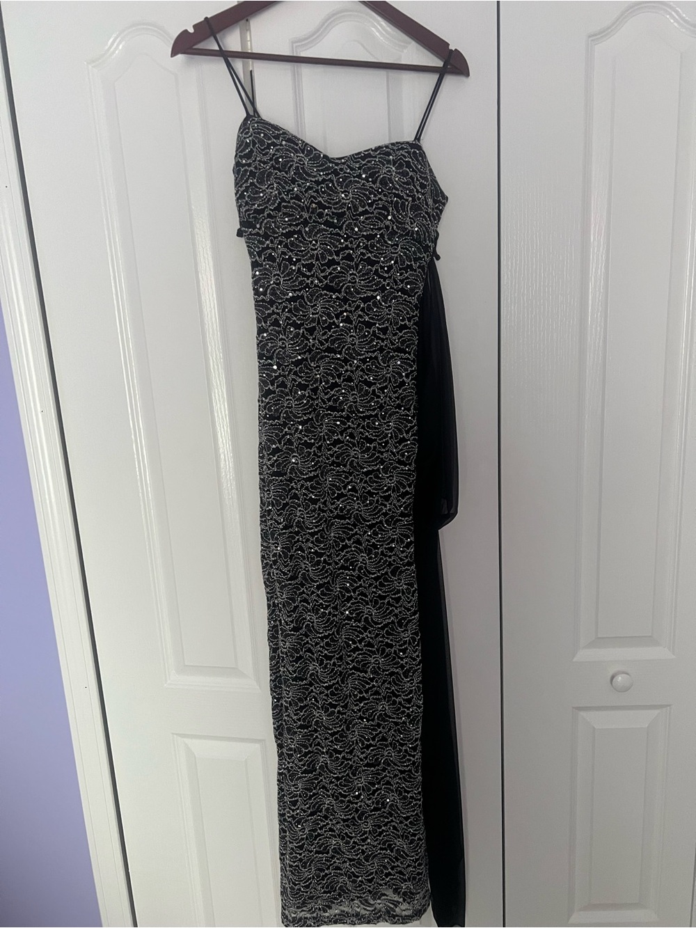 Wendye Chaitin Black Sequin Lace Maxi Dress with Spaghetti Straps